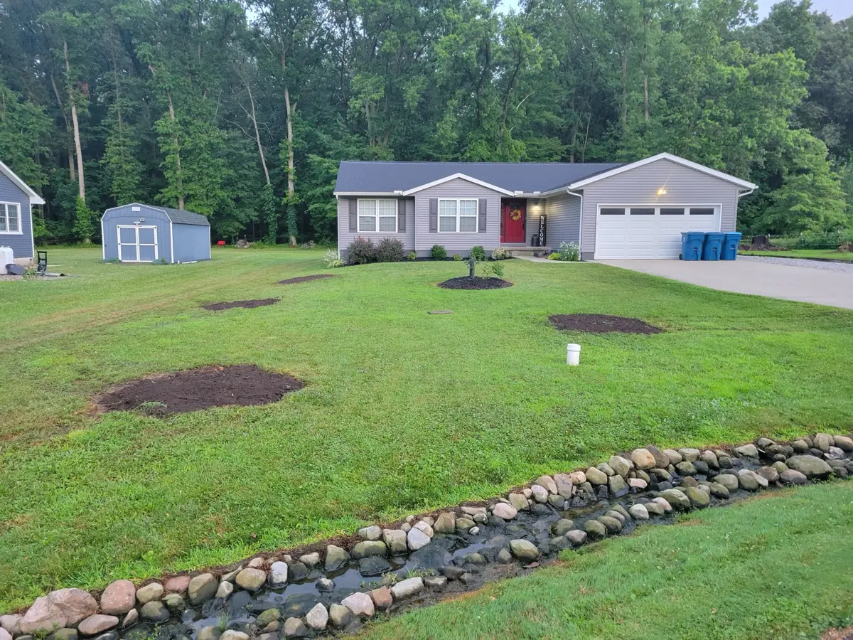 Freshly ground stumps mulched flat across a tidy front lawn